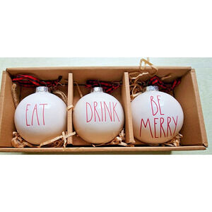 Ornaments-Rae Dunn-Set-"Eat" Drink" "Be Merry"-Crate Box-White and Red-Set of 3
